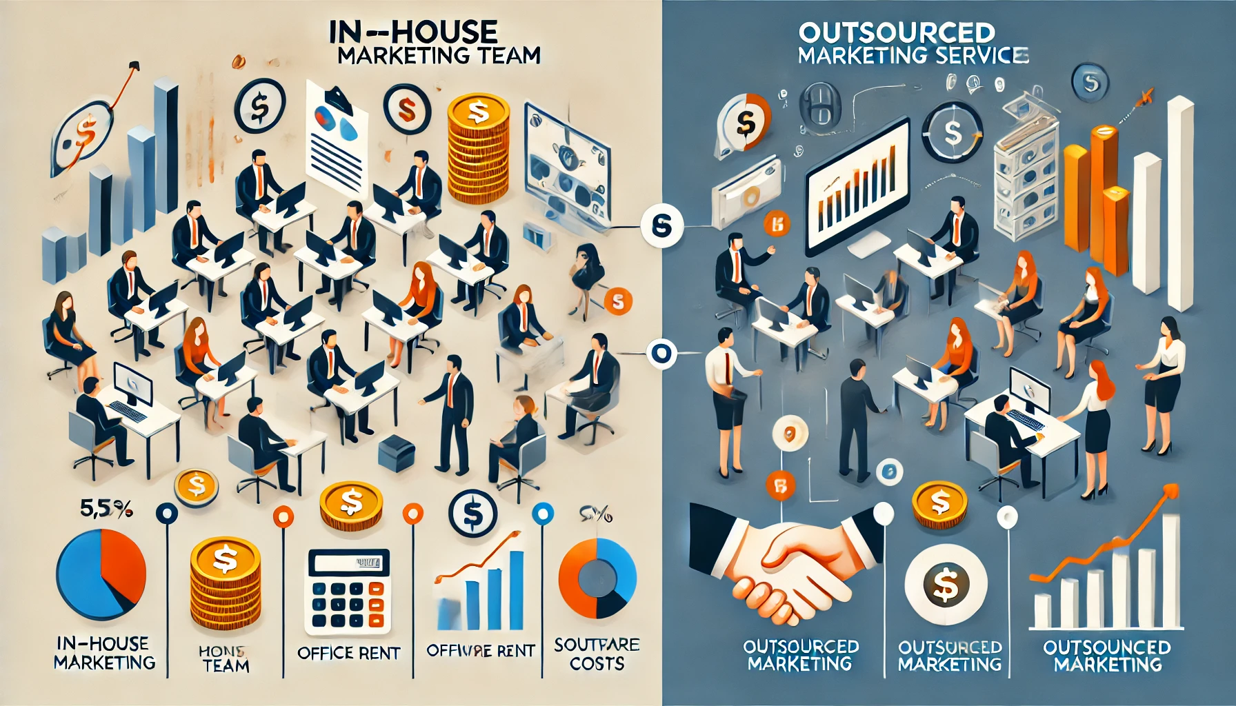 Comparación visual del ahorro entre un equipo interno y la externalización del marketing