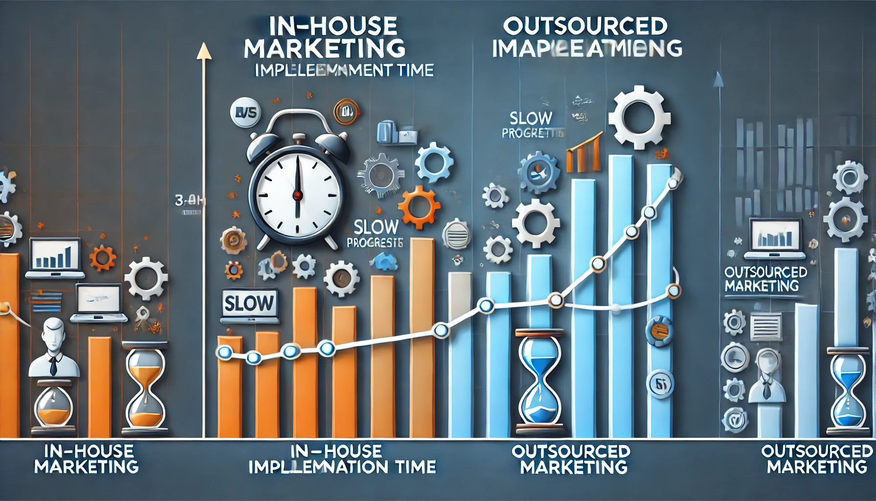 Infografía sobre tiempos de implementación en marketing in-house vs. externalizado