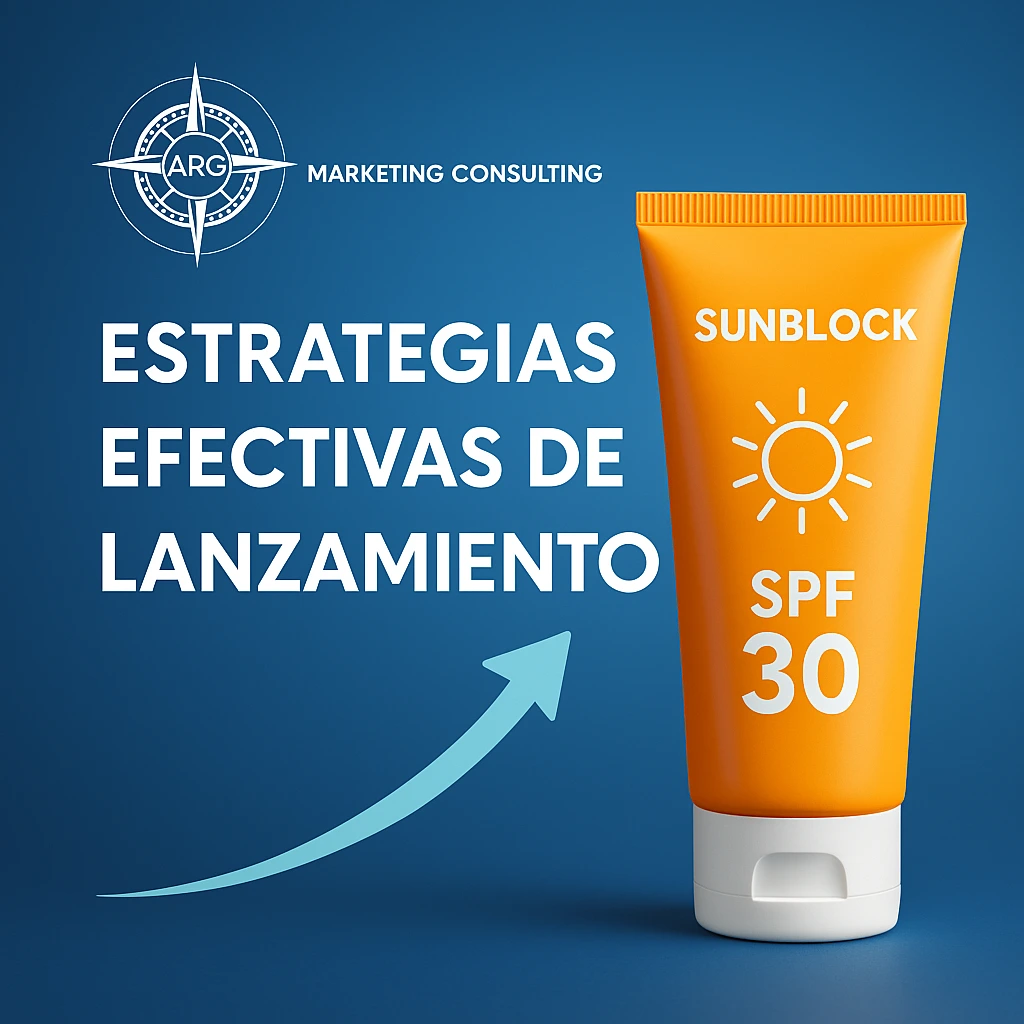 Producto digital en el centro con métricas flotando alrededor y branding de ARG Marketing Consulting.