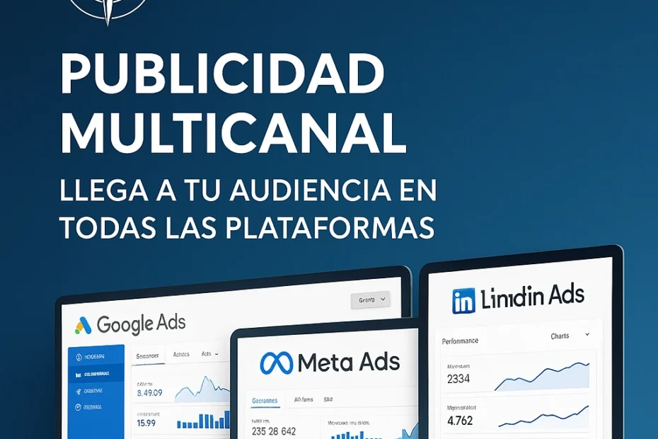 Diseño profesional con pantallas de campañas activas de Google, Meta y LinkedIn con el branding de ARG Marketing Consulting.