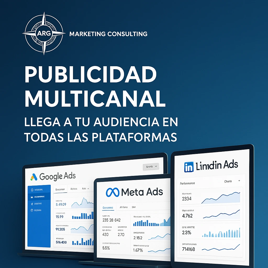 Diseño profesional con pantallas de campañas activas de Google, Meta y LinkedIn con el branding de ARG Marketing Consulting.