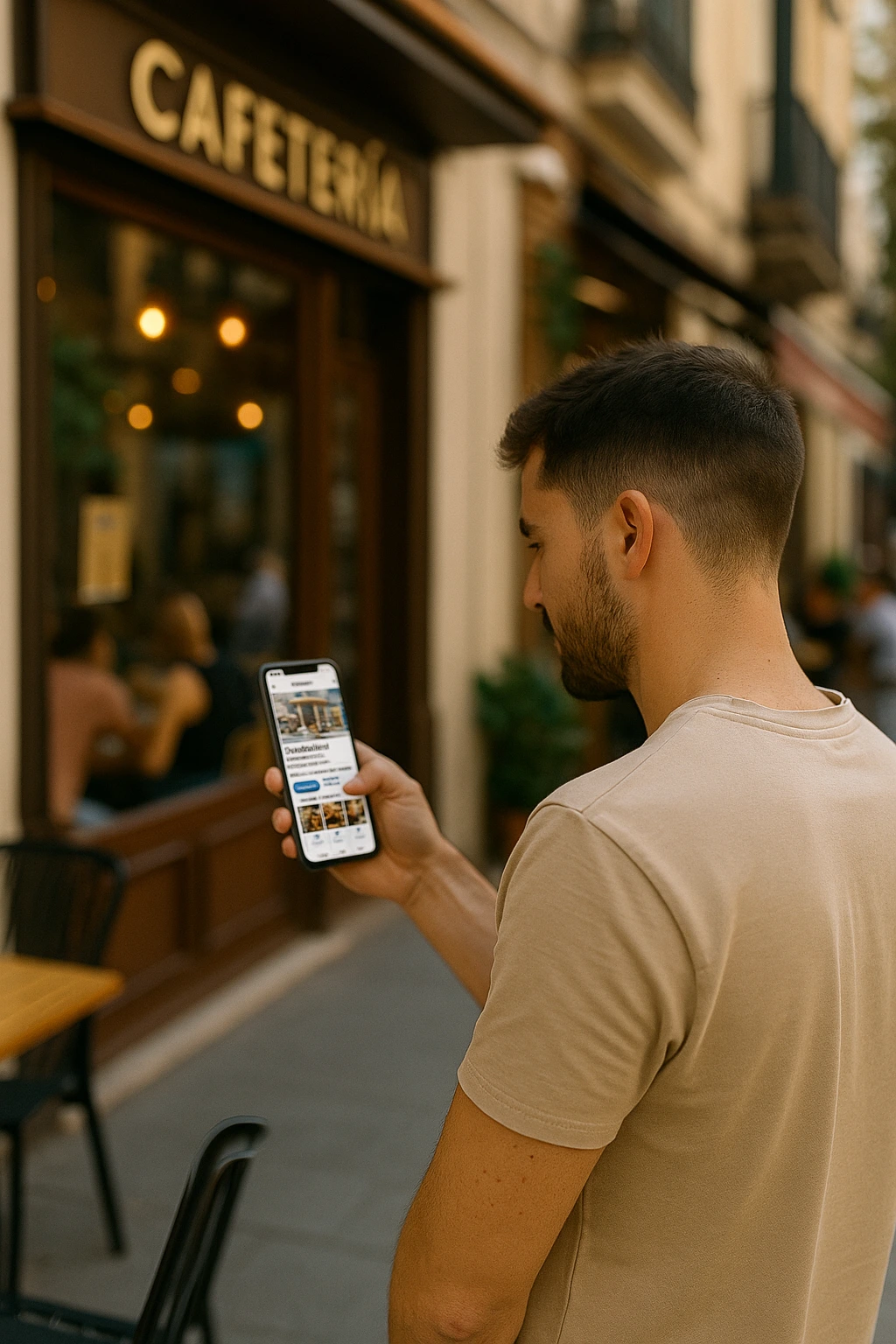 Usuario consultando en su móvil un perfil optimizado de Google Maps para negocios