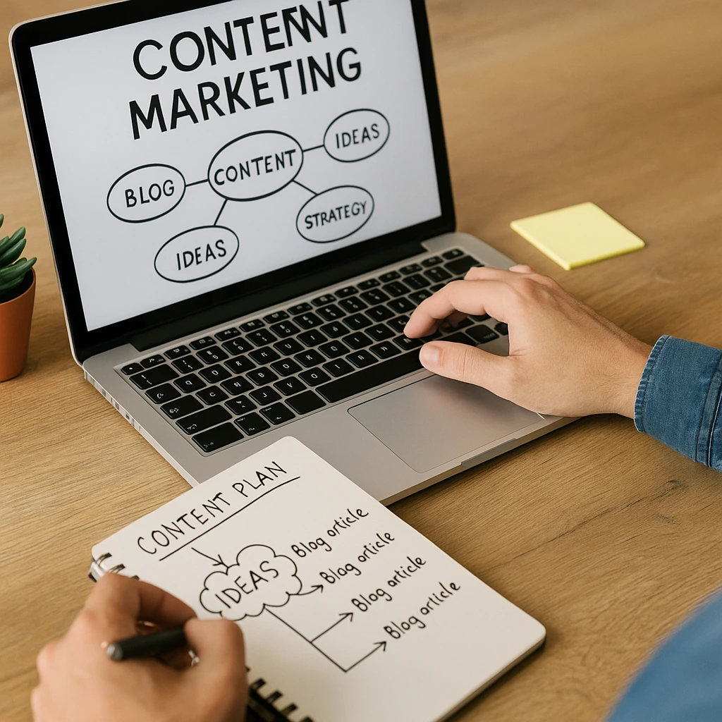 Empresario escribiendo artículos o generando contenido digital para su negocio 