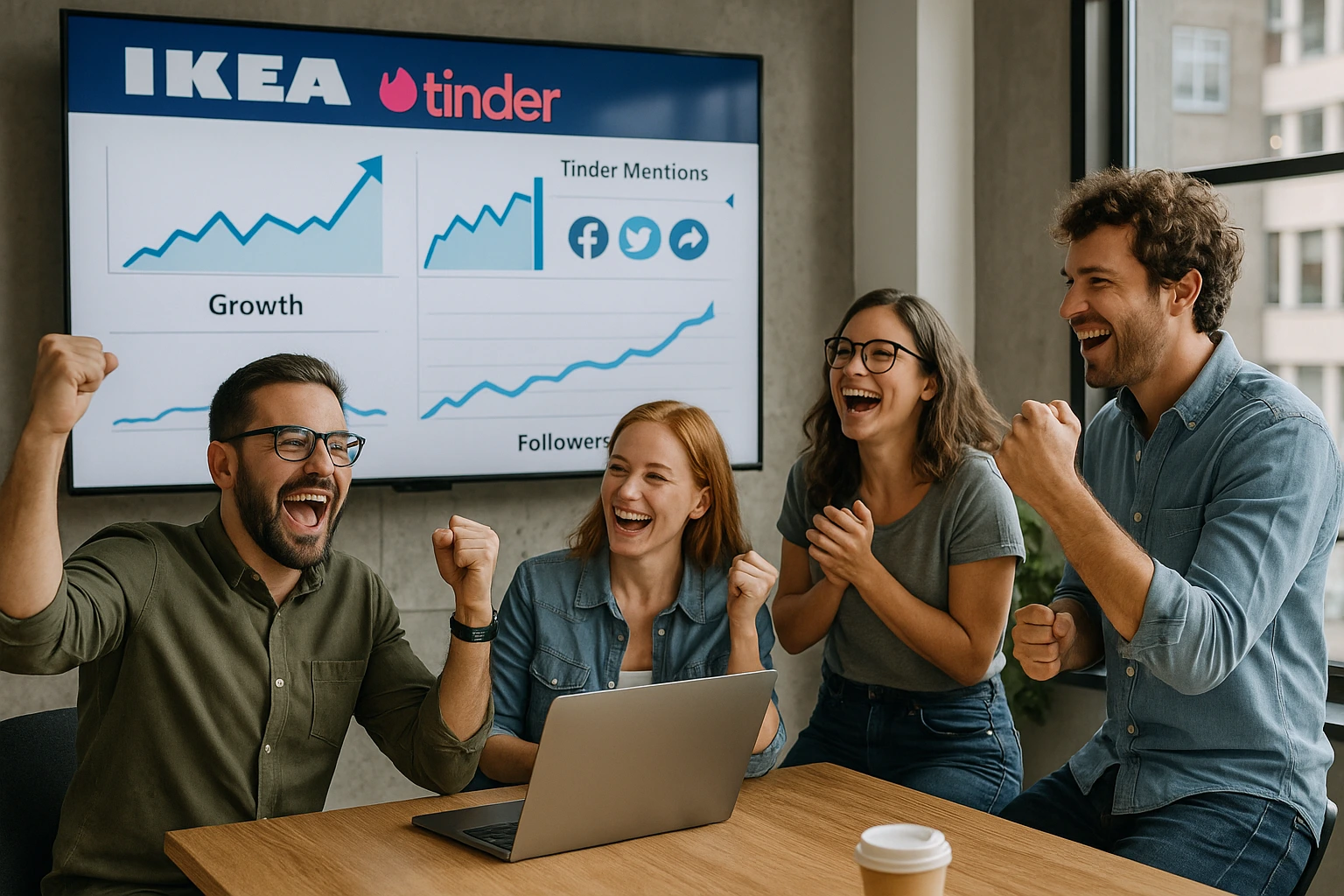 Equipo celebrando resultados positivos de campaña de marketing digital de IKEA en una oficina