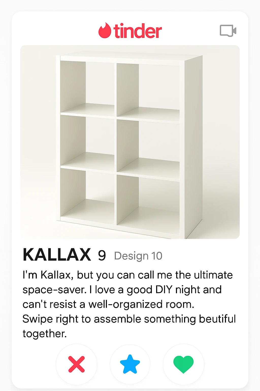 Perfil de Tinder adaptado con un mueble de IKEA y descripción humorística
