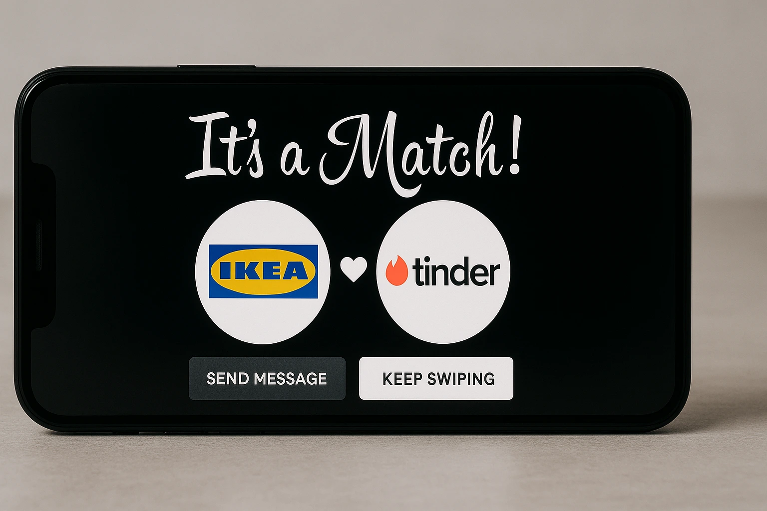 Pantalla de móvil mostrando un match entre IKEA y Tinder en una campaña creativa