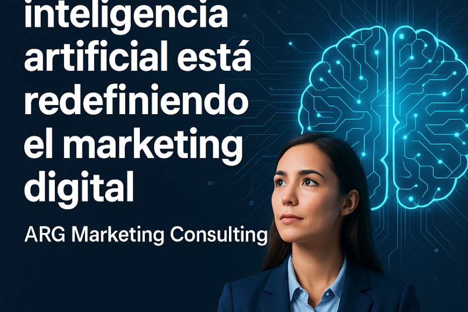 Visual futurista de IA conectada al mundo digital y el marketing.