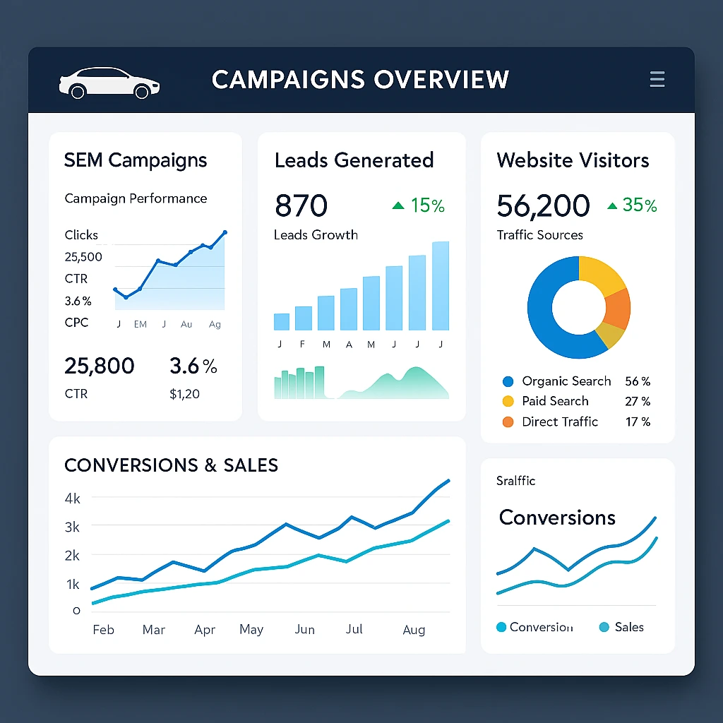 Dashboard con métricas de campañas, conversiones y visibilidad online