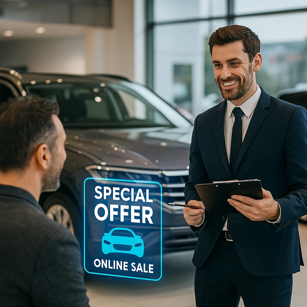 Escena de cliente en concesionario impactado por campaña digital