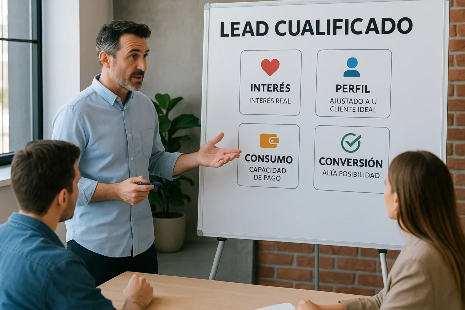 Balanza digital con formularios, comparando leads genéricos con leads cualificados