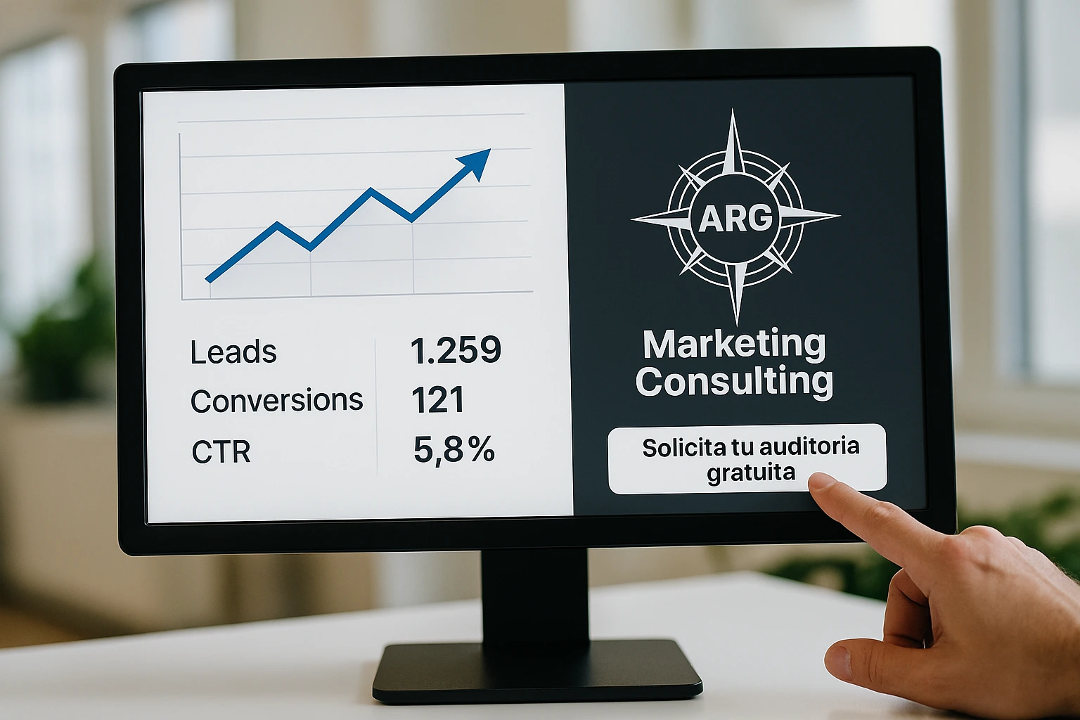 Pantalla con métricas de marketing y botón de auditoría gratuita junto al logotipo de ARG  