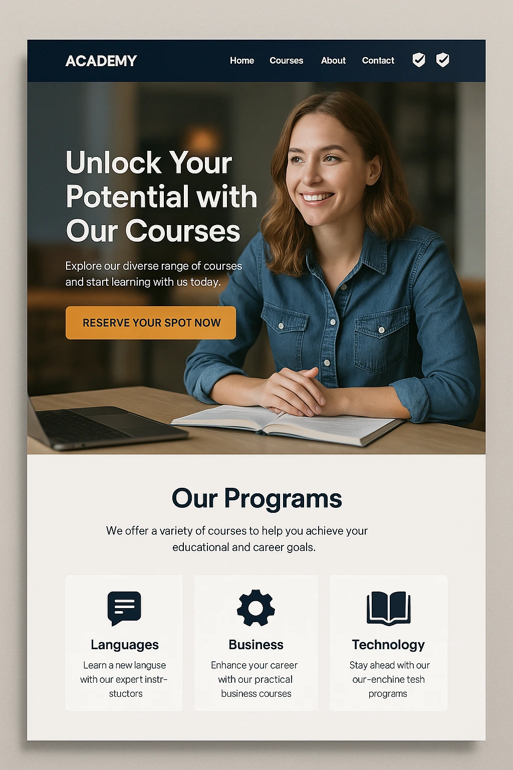 Página web de academia con diseño moderno y CTA visible