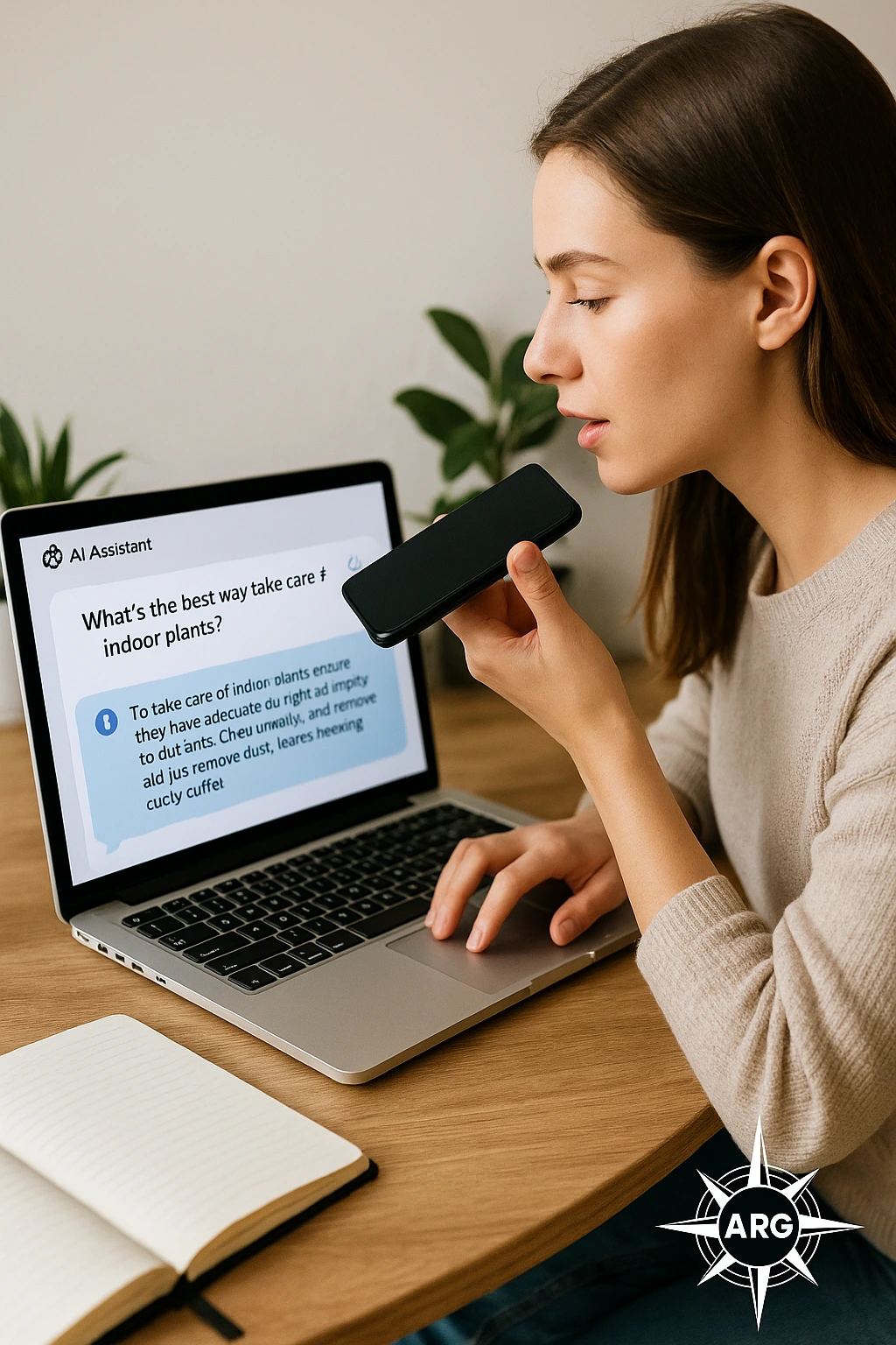 Mujer usando búsqueda por voz con respuesta de IA optimizada por SEO conversacional