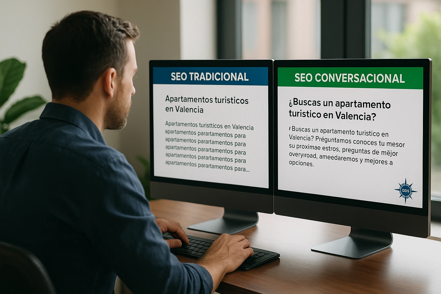 Comparativa visual entre SEO tradicional y SEO conversacional en dos pantallas