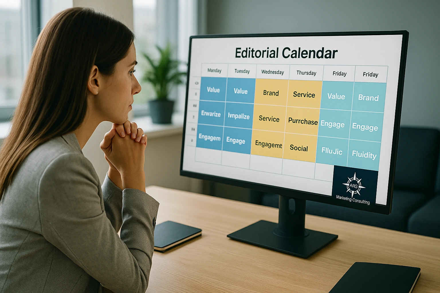 Profesional planificando calendario de contenidos para redes sociales