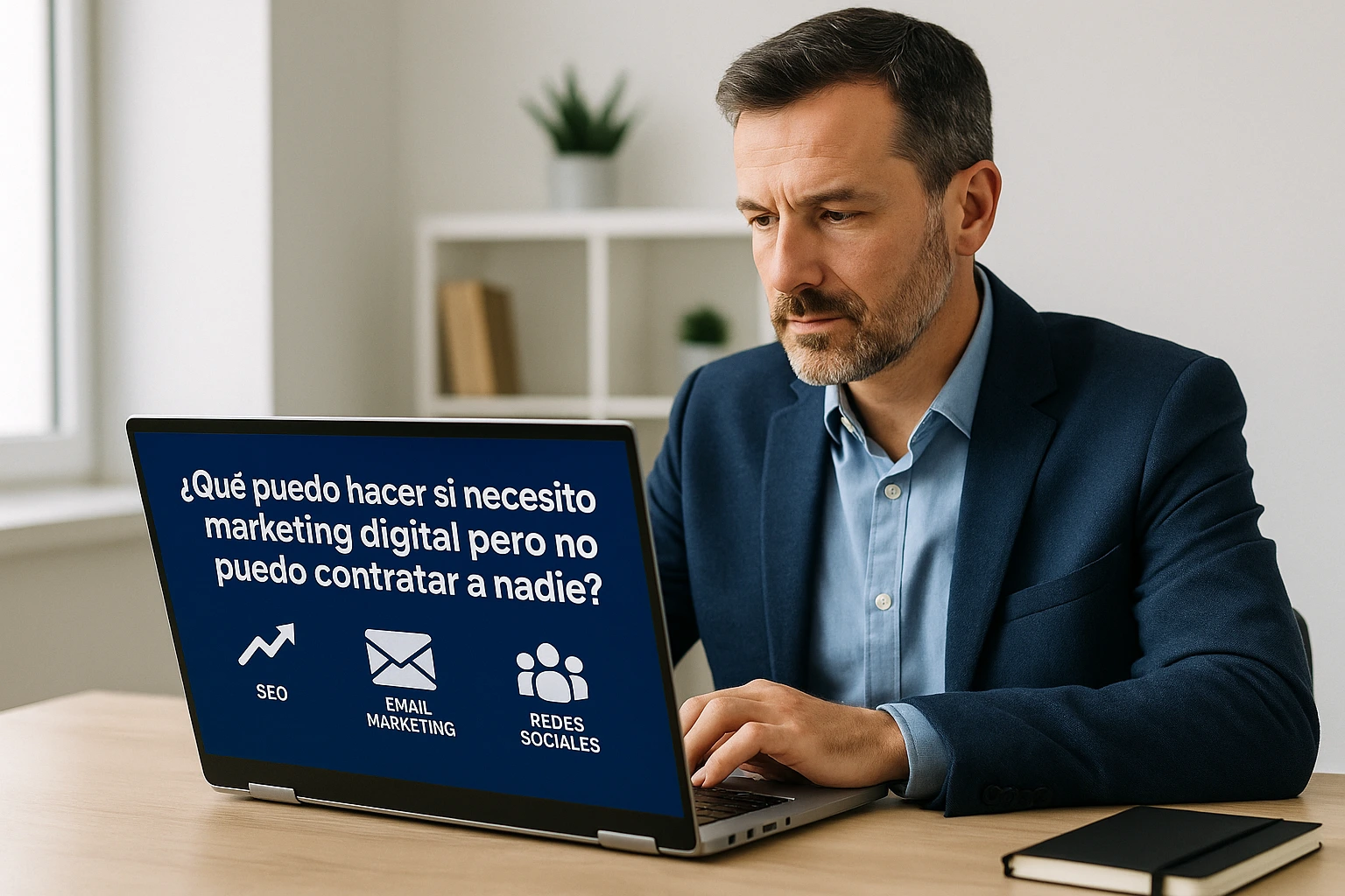 Emprendedor frente a portátil buscando soluciones de marketing sin contratar a nadie