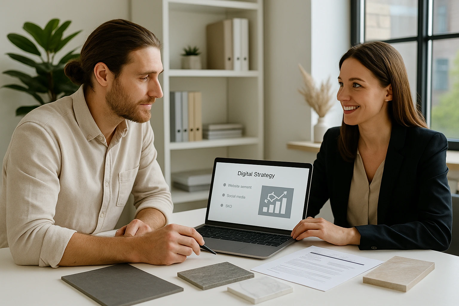 Interiorista reunido con consultor para diseñar su estrategia digital