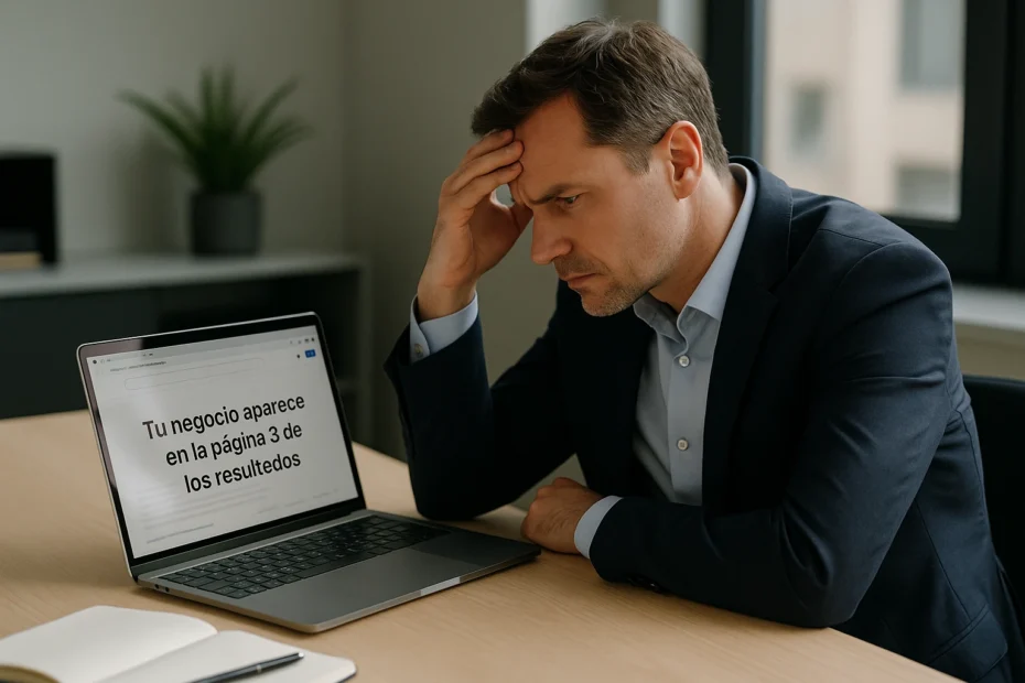 Empresario revisa su visibilidad en Google desde su portátil