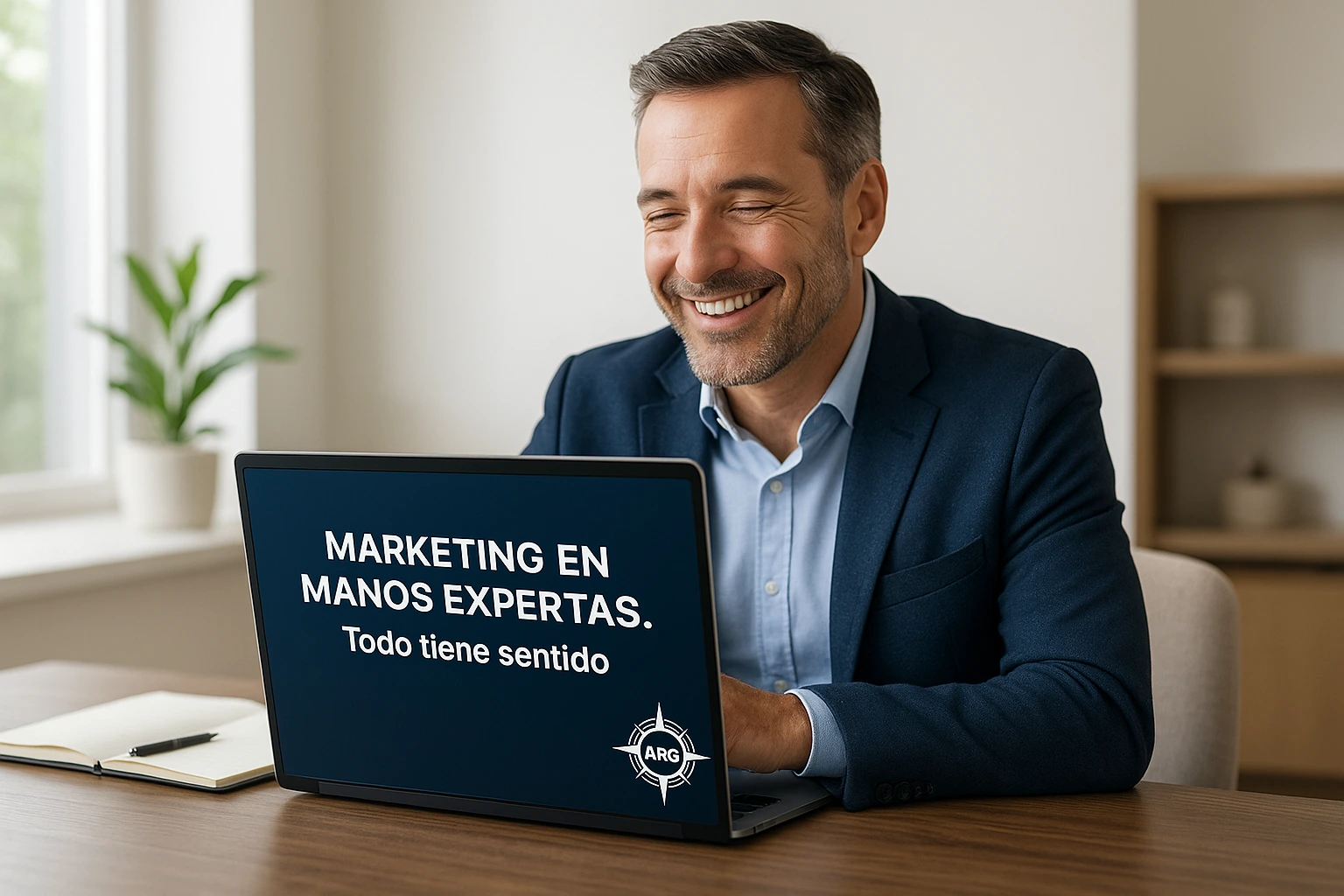 Empresario satisfecho tras delegar su marketing en profesionales