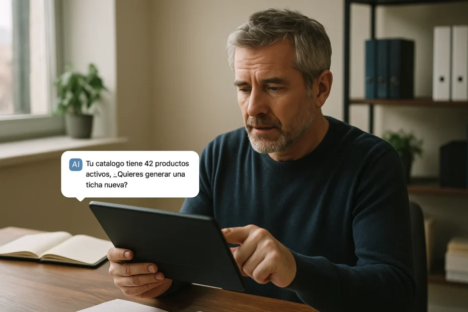 Empresario usando un GPT personalizado en su tablet