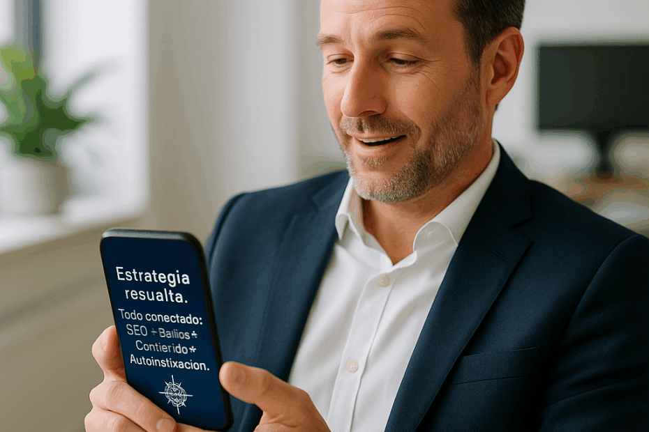 Empresario visualiza un sistema de marketing integral automatizado