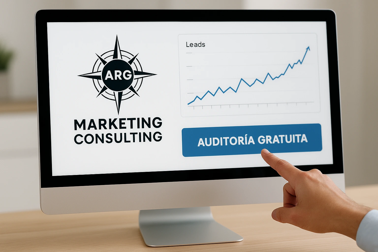 Pantalla con gráfico de captación de leads y logotipo de ARG Marketing Consulting