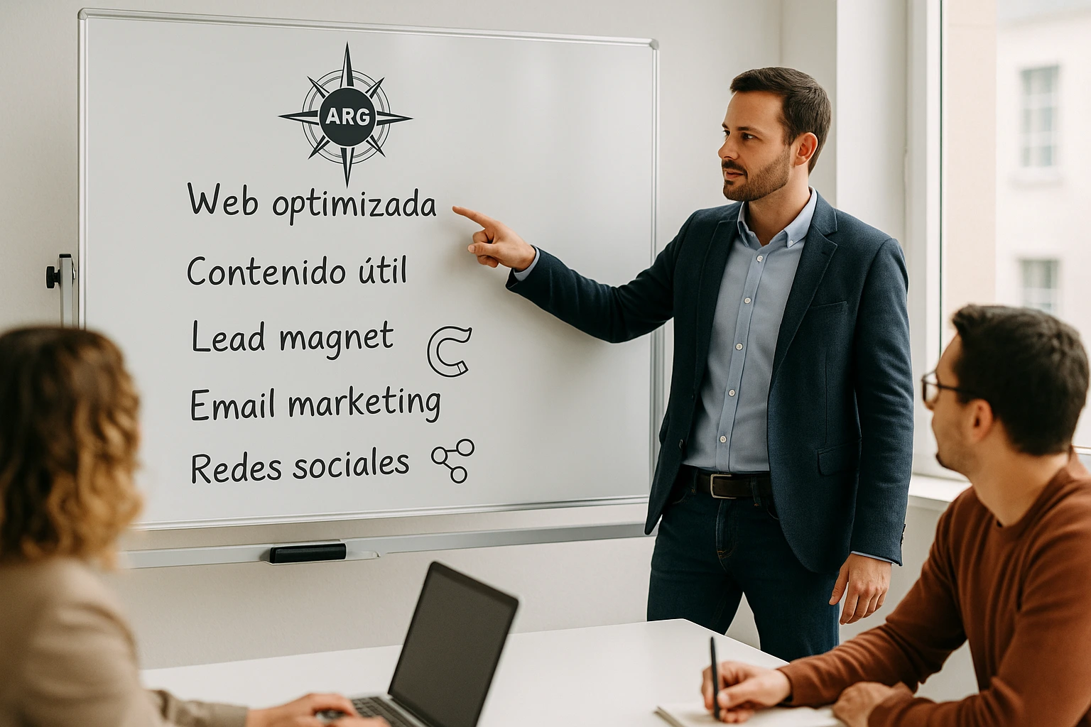 Pizarra con estrategias de captación de leads explicadas por un profesional