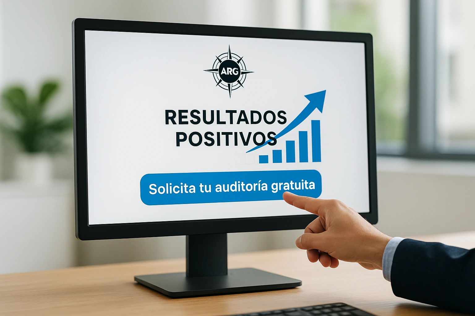 Pantalla con gráfico ascendente, logo de ARG Marketing Consulting y botón de auditoría gratuita