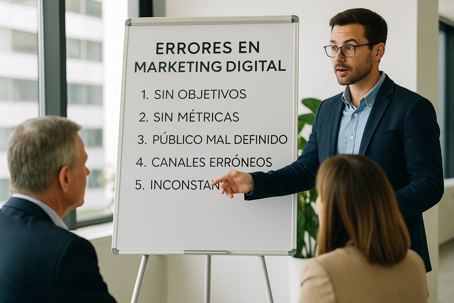 Consultor explicando errores frecuentes en marketing digital frente a una pizarra