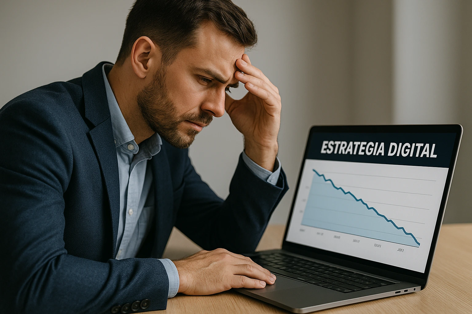 Empresario analizando resultados negativos de estrategia digital en su portátil