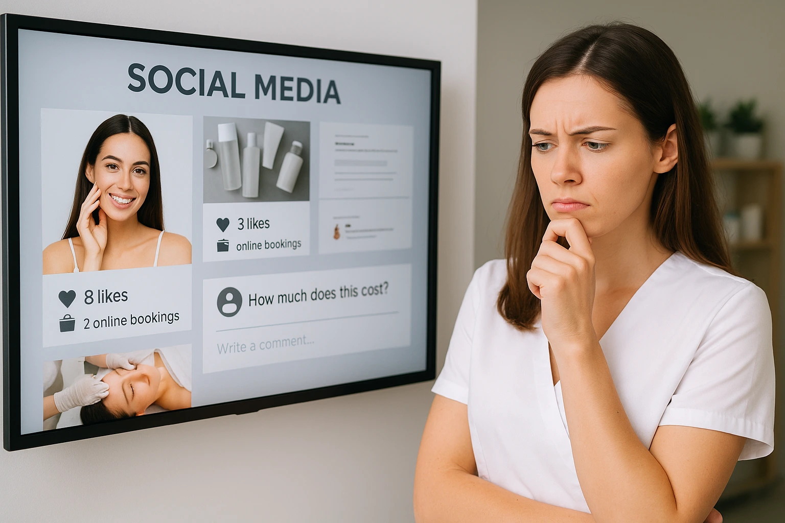 Panel de redes sociales con poco alcance y una profesional analizando los resultados