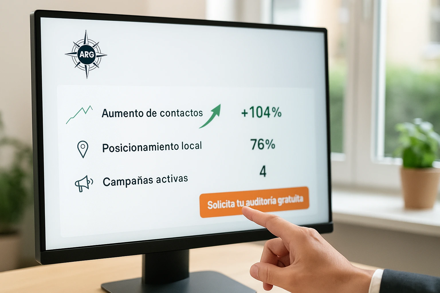 Pantalla con gráfico de resultados y logo de ARG Marketing Consulting orientado al sector reformas