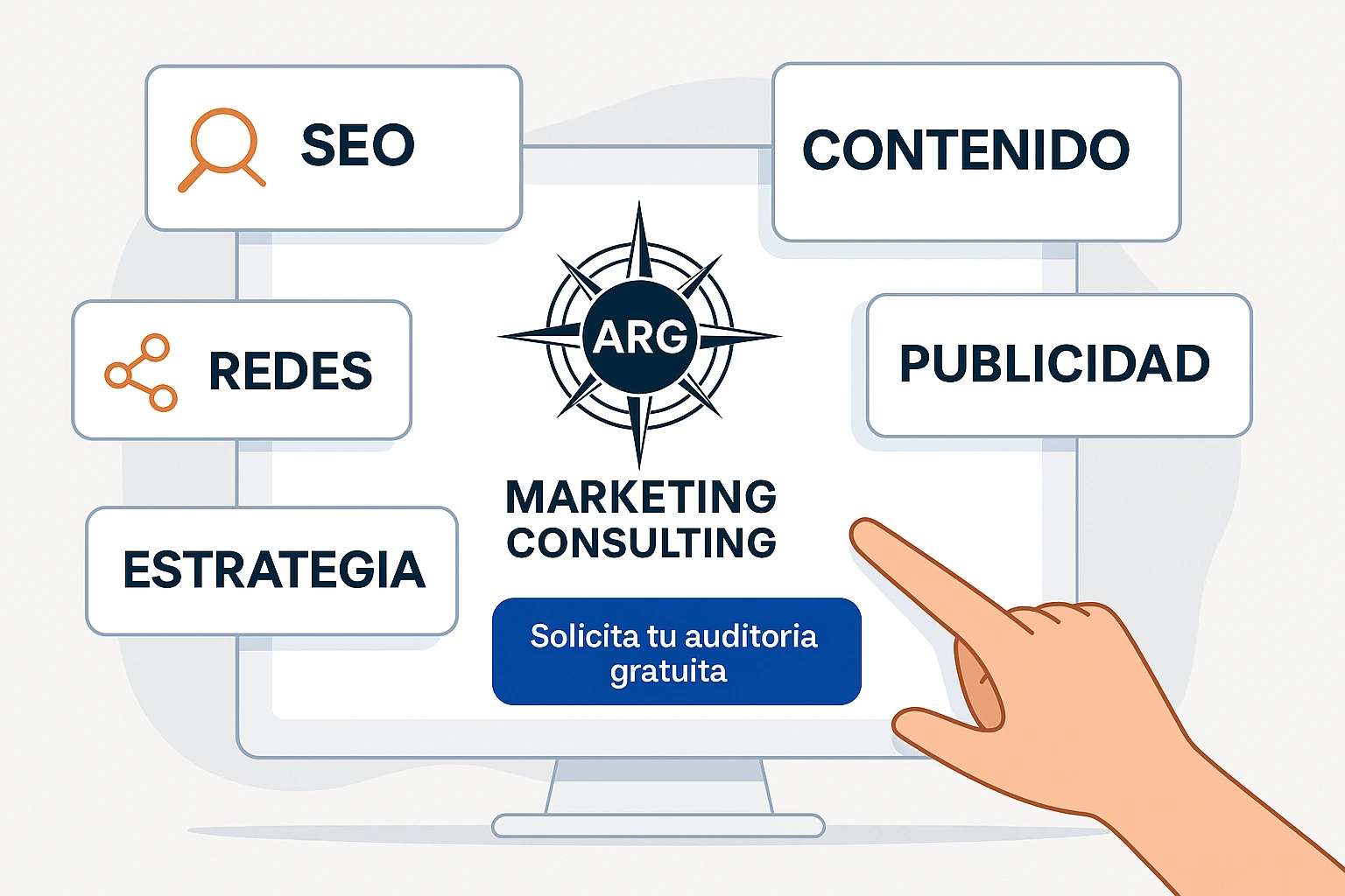 Panel digital con servicios de marketing y logotipo de ARG Marketing Consulting