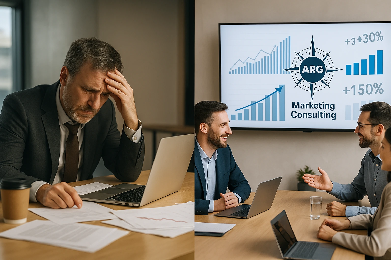 Comparación entre un empresario frustrado y otro con equipo profesional de marketing
