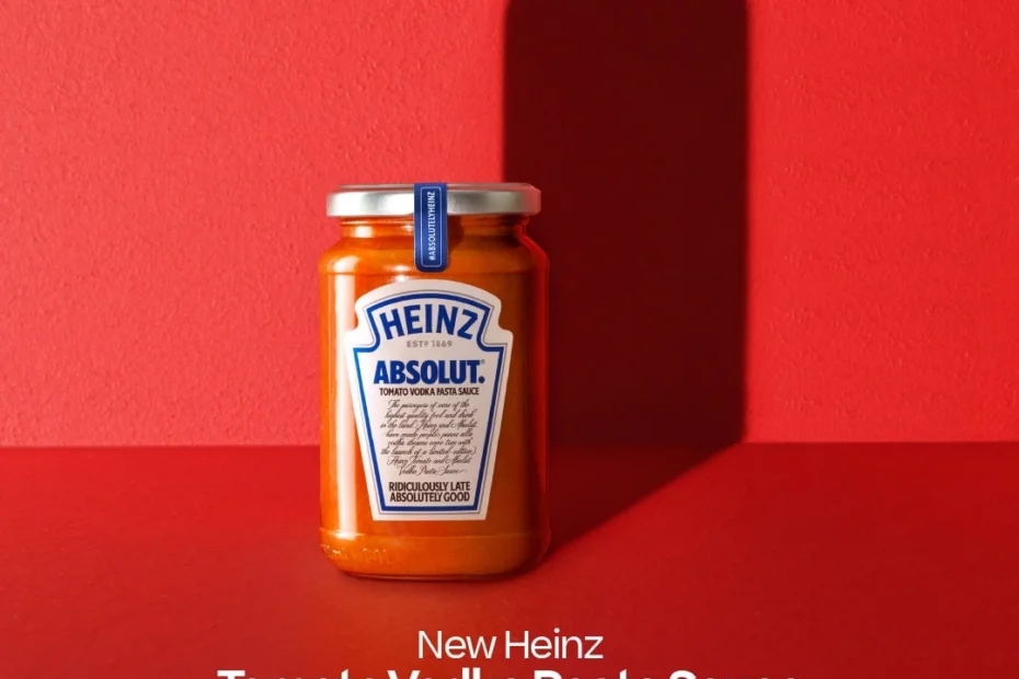 Frasco de salsa Heinz x Absolut sobre fondo rojo con eslogan Absolutely Heinz