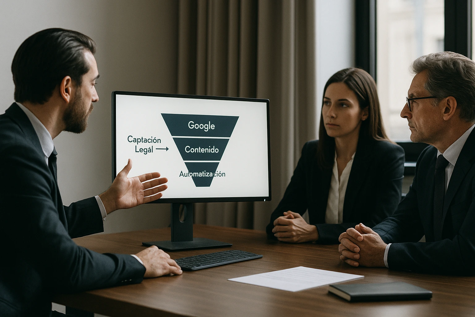 Consultor de marketing explicando embudo de captación a despacho de abogados