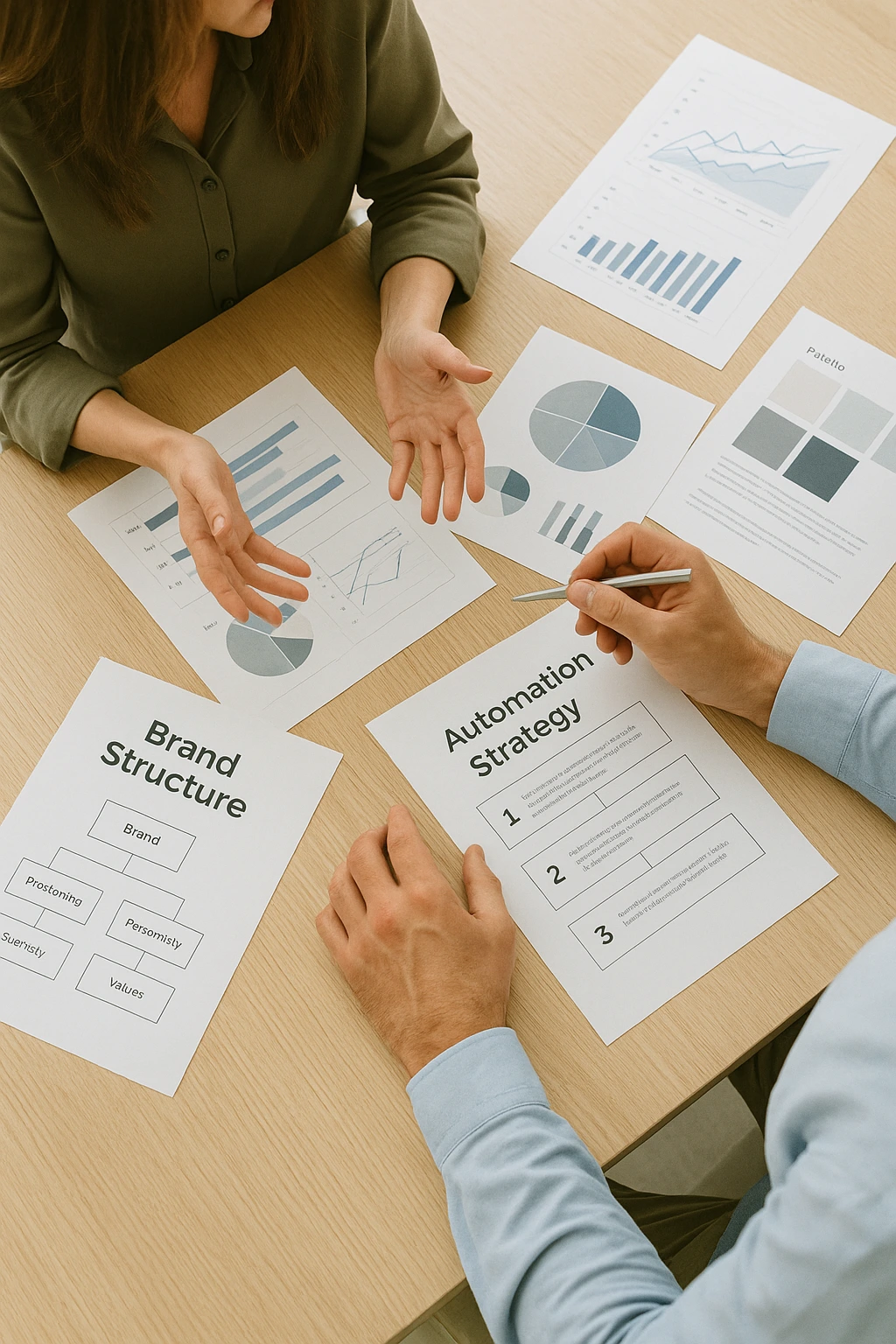 Consultora diseñando una estructura de marca basada en claridad y datos