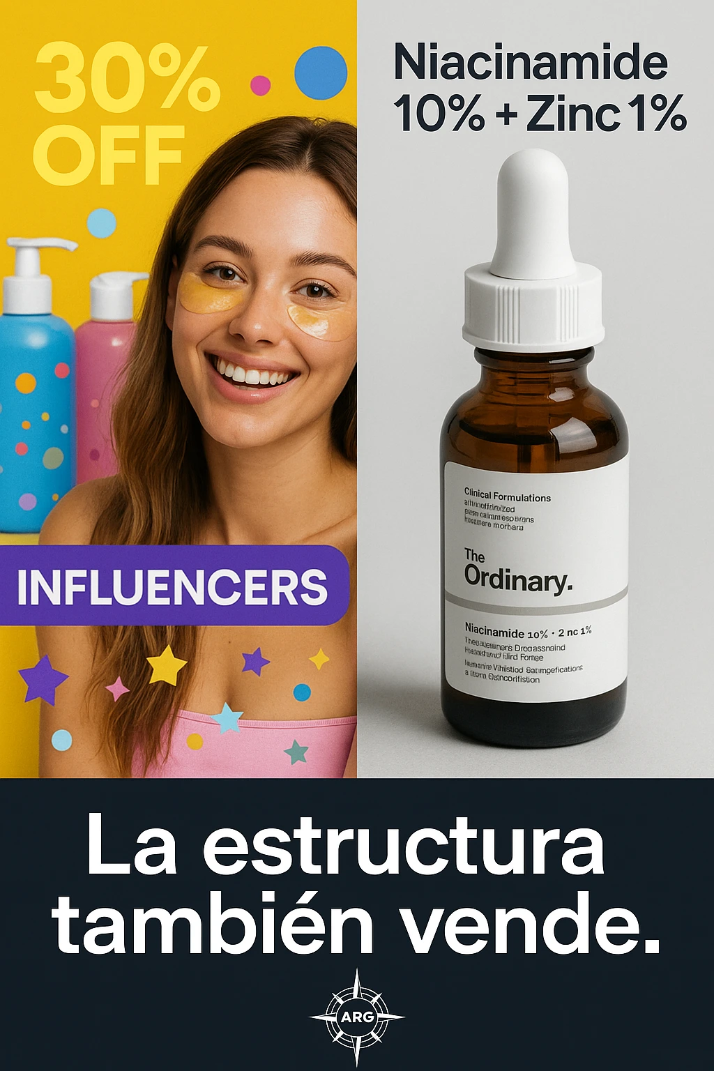 Comparativa visual entre una marca saturada de marketing y el modelo limpio de The Ordinary