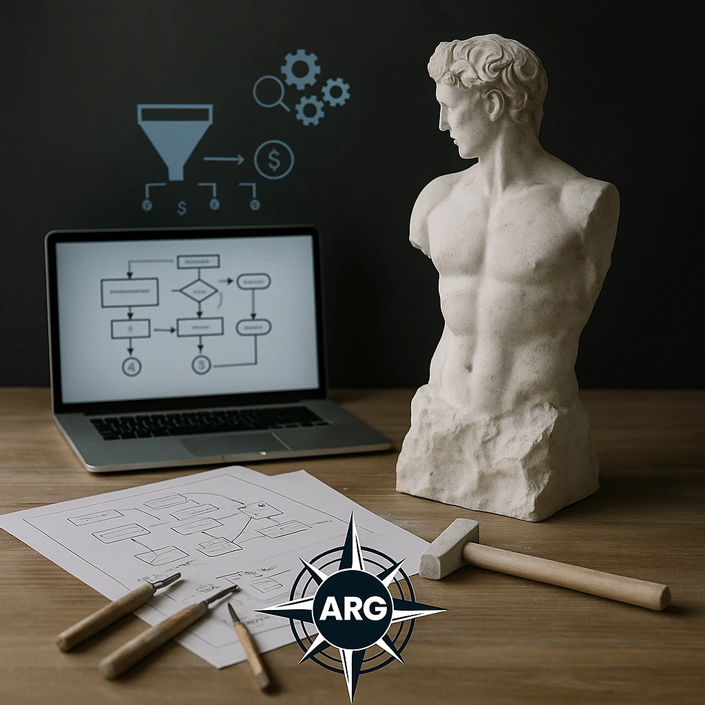 Escultura conceptual inacabada, con herramientas digitales a su alrededor