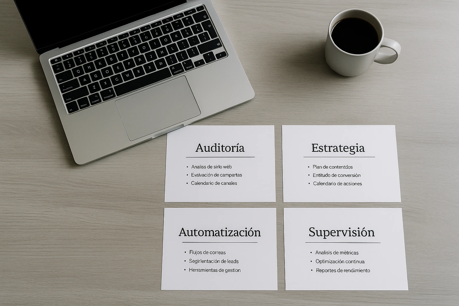Mesa de trabajo con los servicios reales de una consultoría estratégicamente estructurados