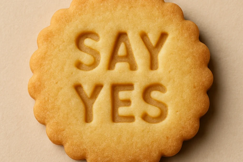 Galleta con mensaje SAY YES sobre fondo beige como ejemplo de personalización emocional en ecommerce