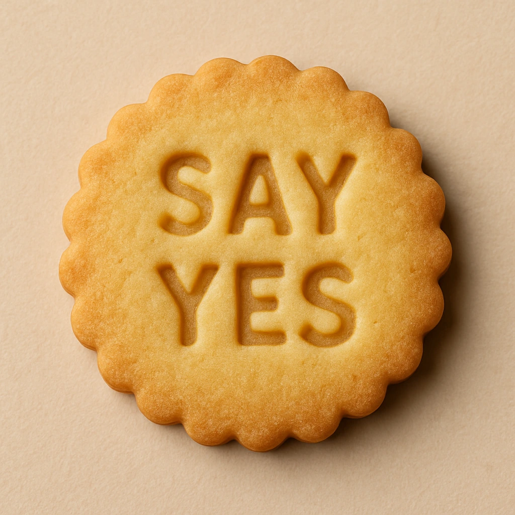 Galleta con mensaje SAY YES sobre fondo beige como ejemplo de personalización emocional en ecommerce