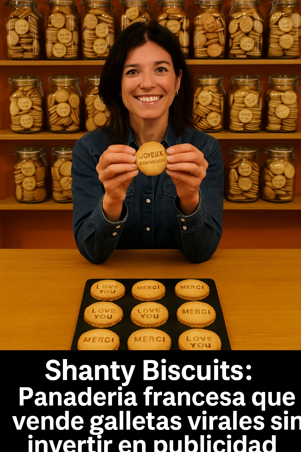 Fundadora de Shanty Biscuits mostrando galleta con mensaje JOYEUX ANNIVERSAIRE en su obrador artesanal