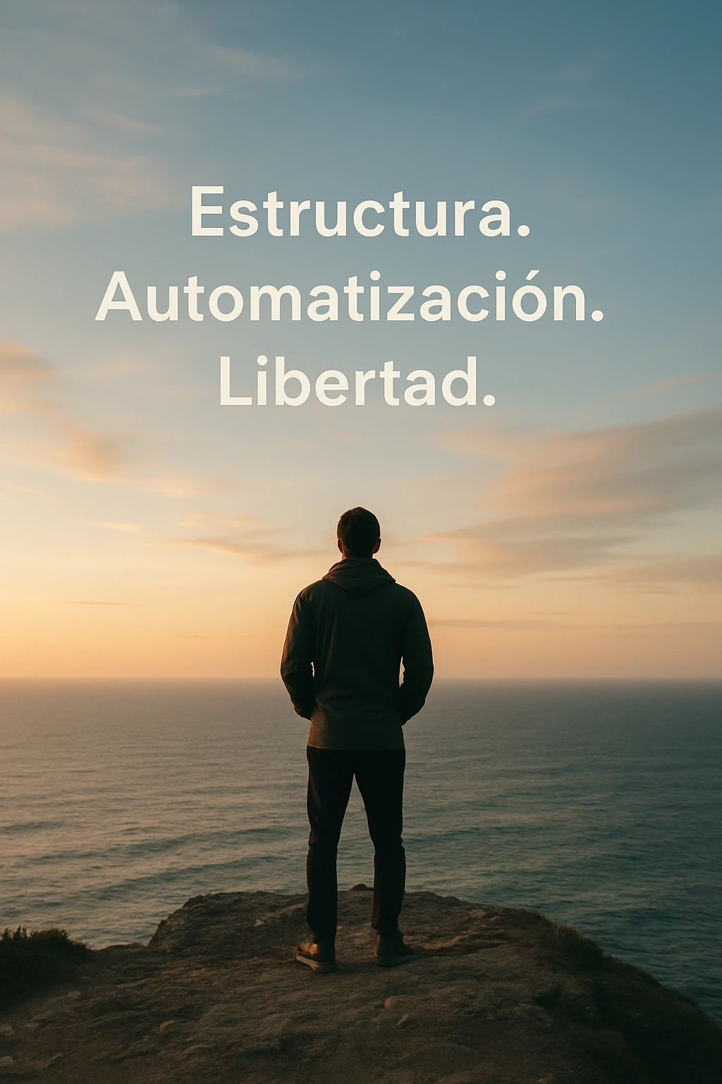 Persona frente a un acantilado con palabras sobre inteligencia y libertad.