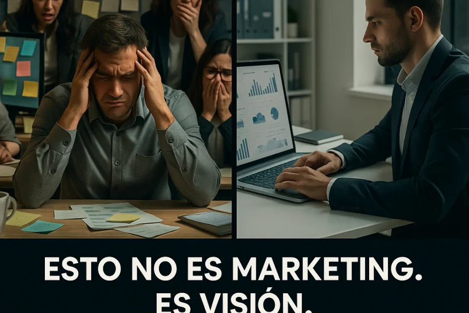 Comparativa visual entre caos de agencia tradicional y estructura de consultoría.
