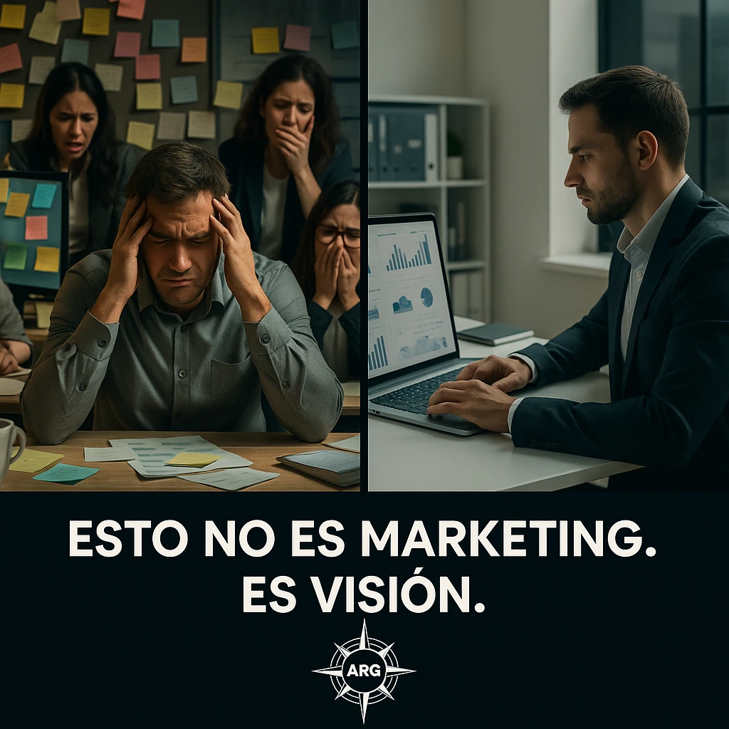 Comparativa visual entre caos de agencia tradicional y estructura de consultoría.