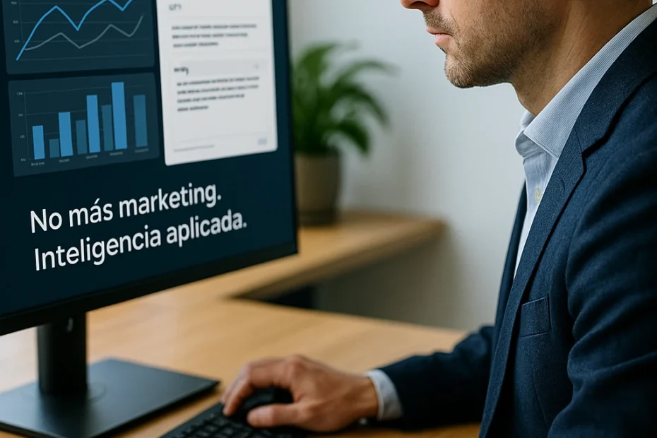 Empresario observando un asistente inteligente en pantalla con gráficos de automatización.