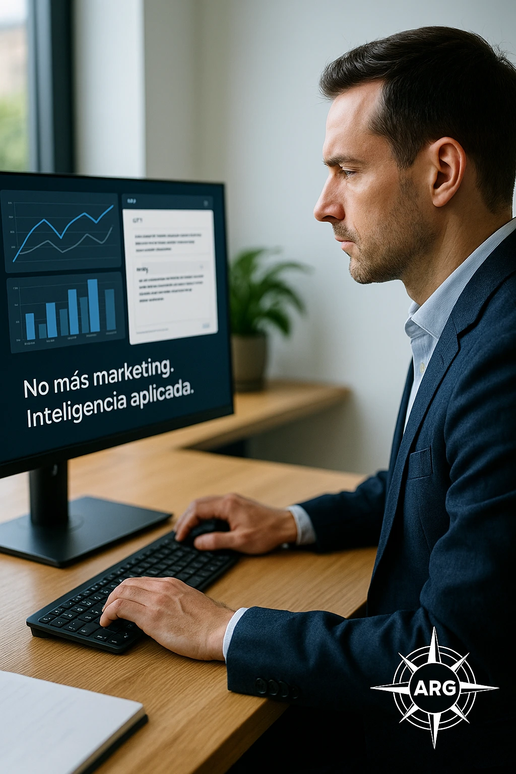 Empresario observando un asistente inteligente en pantalla con gráficos de automatización.
