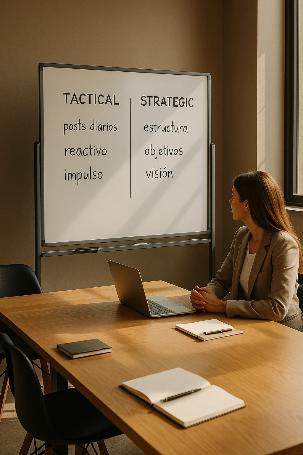 Oficina profesional con dos enfoques de agencia enfrentados en una pizarra