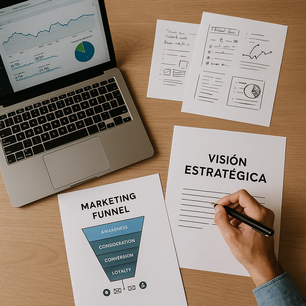 Profesional revisando un esquema de sistema estratégico de marketing